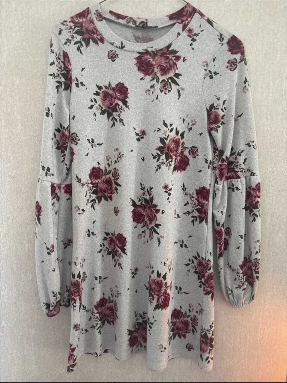 As U Wish Light Gray Long Sleeve Floral Shift Dress with Rose Accents